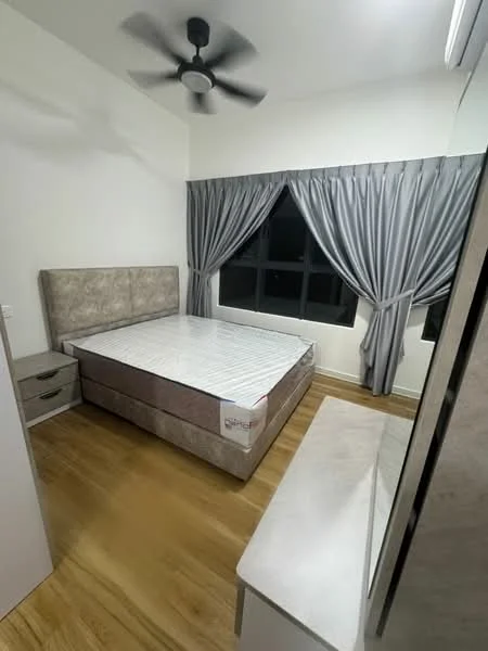 Bedroom features: queen-size bed, upholstered headboard, grey curtains, floor-to-ceiling windows, wooden flooring, ceiling fan, nightstand, dressing table, mirror; style: modern.