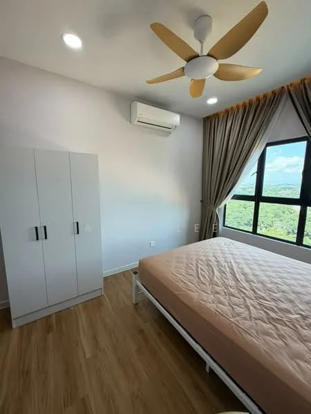 Bedroom features: queen-size bed, 5-blade ceiling fan with light, wall-mounted split AC, floor-to-ceiling window, curtains, light wood flooring, white painted walls, built-in wardrobe with two doors; style: modern; view: garden.
