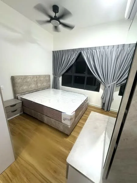 Bedroom features: queen-size bed, upholstered headboard, grey curtains, floor-to-ceiling windows, wooden flooring, ceiling fan, nightstand, dressing table, mirror, built-in wardrobe; style: modern.