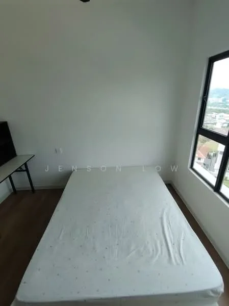 Bedroom features: wooden flooring, white painted walls, large window with city view, unmade bed with mattress, desk or table, ceiling fan; style: modern; view: city.