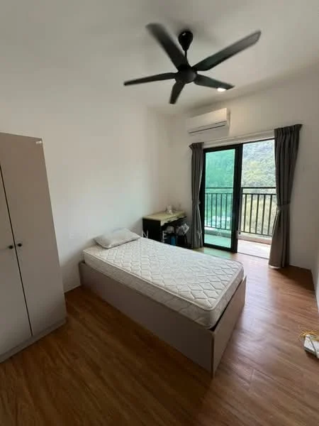 Bedroom features: single bed, wooden flooring, 5-blade ceiling fan, floor-to-ceiling sliding glass door, balcony access, built-in wardrobe, desk, curtains; style: modern; view: garden.