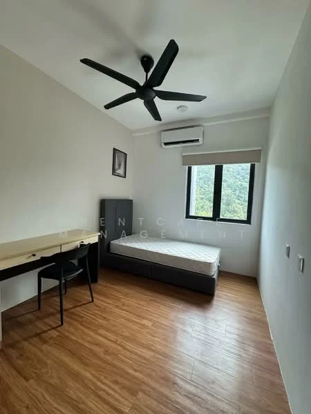 Bedroom features: wooden flooring, white painted walls, 5-blade ceiling fan, wall-mounted split AC, single bed frame, desk with chair, window with view, no bedding on bed; style: modern; view: garden.