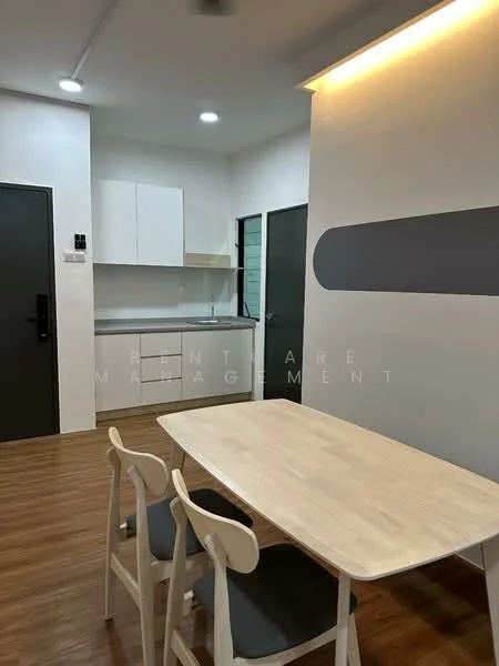 Dining features: wooden dining table, 3 dining chairs, white painted walls, laminate flooring, recessed downlights, kitchen cabinetry, kitchen countertop, black door, white upper cabinets, grey accent wall; style: modern. Kitchen features: white upper cabinets, kitchen countertop, laminate flooring, recessed downlights; style: modern.