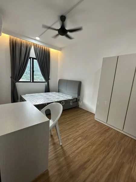 Bedroom features: queen-size bed, upholstered headboard, 2 bedside lamps, built-in wardrobe, study desk, white chair, wooden flooring, ceiling fan with light, floor-to-ceiling window, grey curtains, wall-mounted air conditioning unit; style: modern; view: garden.