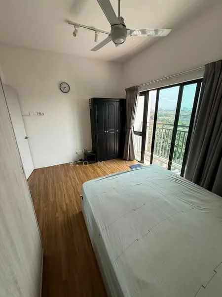 Bedroom features: wooden flooring, white painted walls, floor-to-ceiling windows, black wardrobe, ceiling fan, curtains, wall clock, mountain view; style: modern; view: mountain.