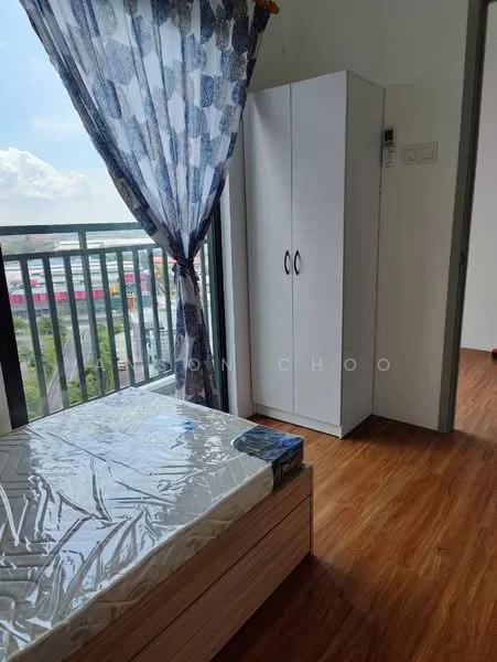 Bedroom features: single bed with mattress, wooden bed frame, white wardrobe with two doors, curtains with geometric pattern, floor-to-ceiling window, vinyl plank flooring, neutral wall color, natural light from window; style: modern; view: city.