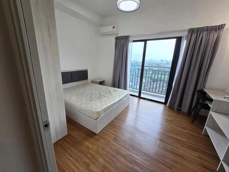 Bedroom features: queen-size bed, wooden flooring, floor-to-ceiling windows, grey curtains, air conditioning unit, nightstand, study desk, open shelving; style: modern; view: city.