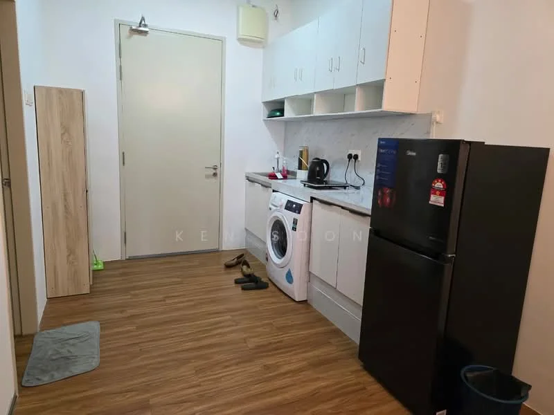 Kitchen features: white cabinetry, marble backsplash, stainless-steel sink, chrome pull-down faucet, built-in washing machine, black refrigerator, microwave, wooden flooring, wall-mounted light fixture, open shelving, kettle, toaster, slippers on floor; style: modern.