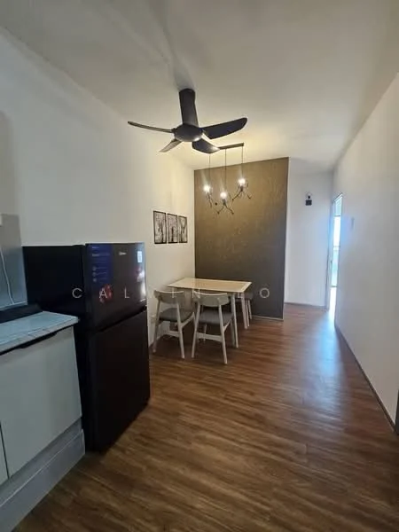 Dining features: wooden flooring, white painted walls, 5-blade ceiling fan with light, dining table with 4 chairs, black refrigerator, decorative wall with textured finish, framed artwork on walls, natural light from window; style: modern.