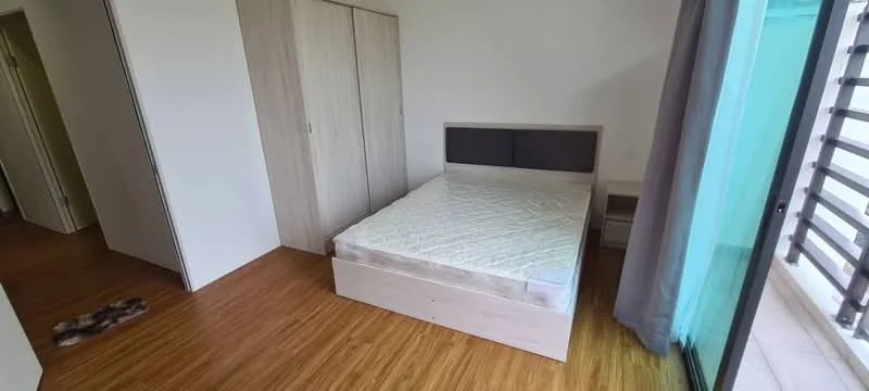 Bedroom features: queen-size bed, wooden bed frame, built-in wardrobe with sliding doors, nightstand, laminate flooring, floor-to-ceiling window, curtains, neutral wall color; style: modern.