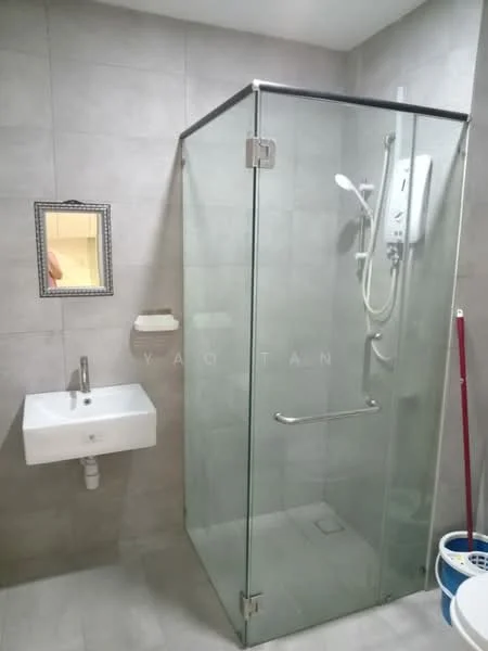 Bathroom features: glass shower enclosure, rain shower head, handheld shower, wall-mounted shower control, white wall-mounted sink, chrome faucet, grey tiled walls, grey tiled flooring, framed mirror, towel rack; style: modern.