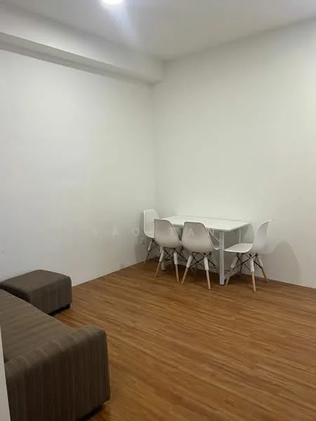 Dining features: white dining table, 4 white dining chairs, brown fabric sofa, laminate wood flooring, white painted walls, ceiling light fixture; style: modern.