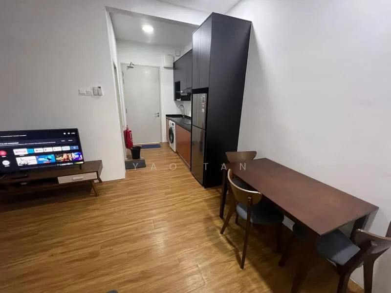 Living features: laminate wood flooring, white painted walls, recessed downlights, wall-mounted TV, TV console, dining table with 4 chairs, kitchenette with cabinets, stainless-steel fridge, front-load washing machine, fire extinguisher, open layout, door leading to hallway; style: modern.