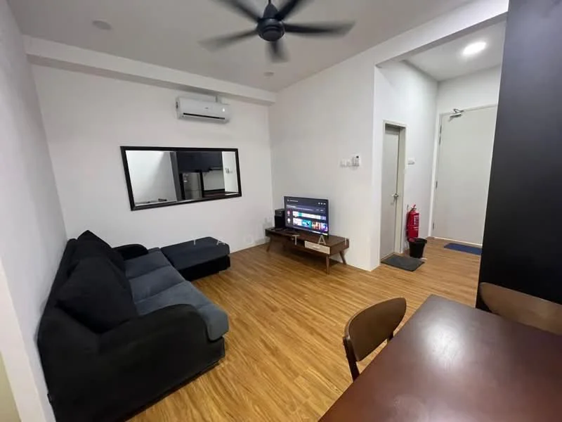 Living features: 3-seater fabric sofa in grey, wooden coffee table, wall-mounted TV, TV console, laminate flooring, white painted walls, ceiling fan, air conditioning unit, mirror on wall, doorway leading to hallway; style: modern. Room features: doorway leading to kitchen, fire extinguisher, entrance mat.
