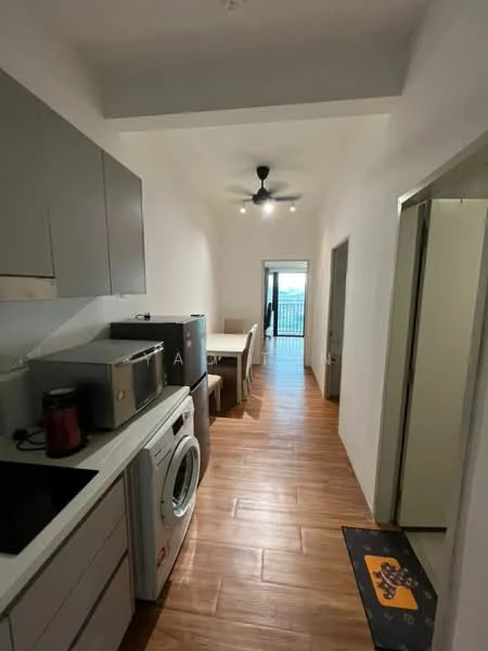 Kitchen features: grey flat-panel cabinets, black countertop, stainless-steel sink, chrome pull-down faucet, built-in oven, microwave, front-load washing machine, 5-blade ceiling fan with light, wood-look tile flooring, dining table with chairs, sliding glass door to balcony, white painted walls; style: modern; view: city.