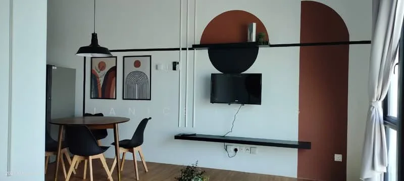Living features: wooden flooring, white painted walls, accent wall in terracotta, black wall-mounted TV, black floating shelf, round wall decor in black, framed artwork, dining table with 4 black chairs, pendant light fixture, curtains, decorative plant; style: modern.
