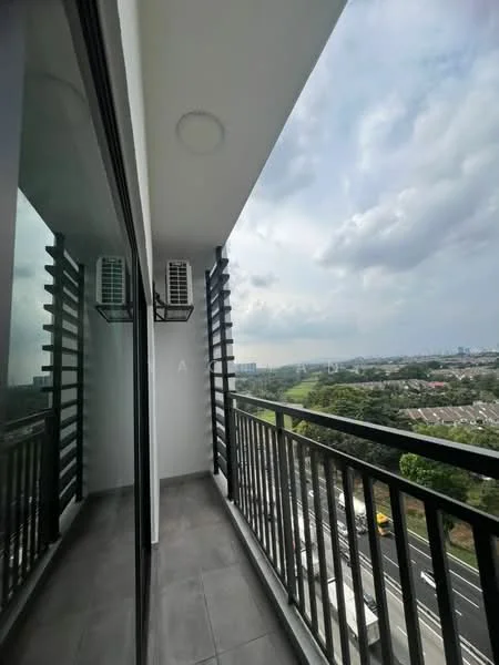 Room features: balcony with railing, grey tiled flooring, two wall-mounted split AC units, floor-to-ceiling glass doors, view of greenery, view of city skyline, outdoor space, open-air design; style: modern; view: city.