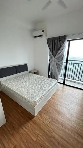 Bedroom features: queen-size bed frame without mattress, wooden flooring, white painted walls, floor-to-ceiling sliding glass door, sheer curtains, wall-mounted split AC, nightstand, ceiling fan; style: modern; view: city.