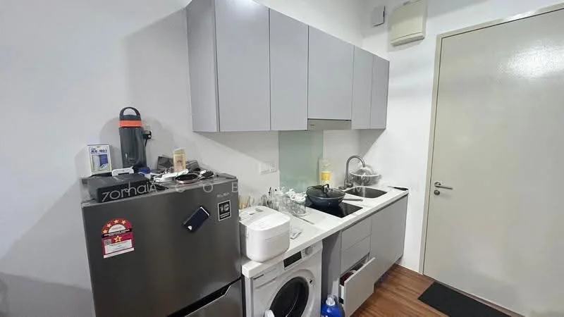 Kitchen features: grey flat-panel cabinets, single-bowl stainless-steel sink, chrome pull-down faucet, black countertop, built-in washing machine, stainless-steel fridge, microwave, kettle, wood laminate flooring, white walls, recessed downlights; style: modern.