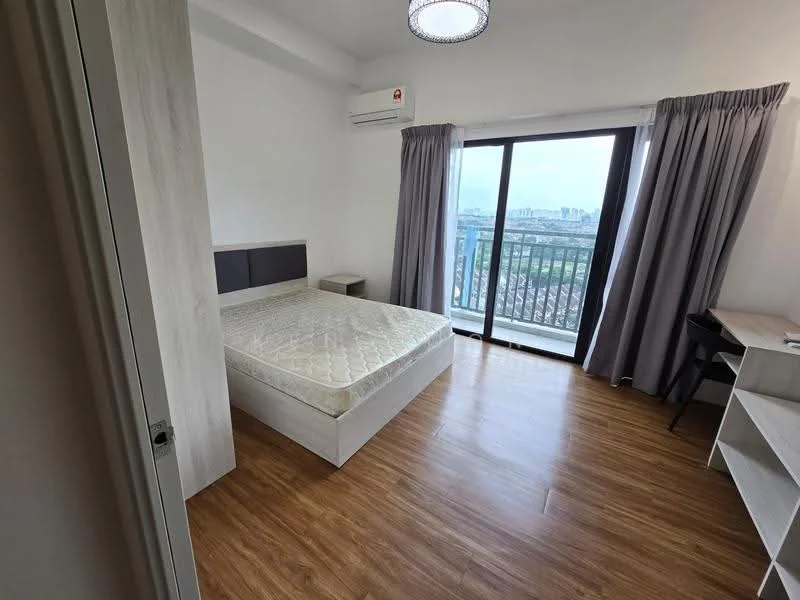 Bedroom features: queen-size bed, upholstered headboard, wooden bedside table, study desk, sliding glass door, floor-to-ceiling windows, grey curtains, wall-mounted split AC, wood laminate flooring, white painted walls, chandelier; style: modern; view: city.