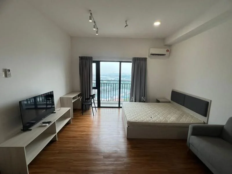 Living features: wooden flooring, white painted walls, floor-to-ceiling windows, grey curtains, 1 wall-mounted split AC, recessed downlights, TV console, wall-mounted TV, sofa, queen-size bed, mattress without bedding, coffee table; style: modern; view: city.