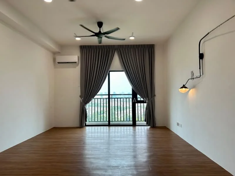Living features: wooden flooring, white painted walls, 5-blade ceiling fan with light, floor-to-ceiling windows, curtains, balcony door, wall-mounted light fixture, air conditioning unit; style: modern; view: city.