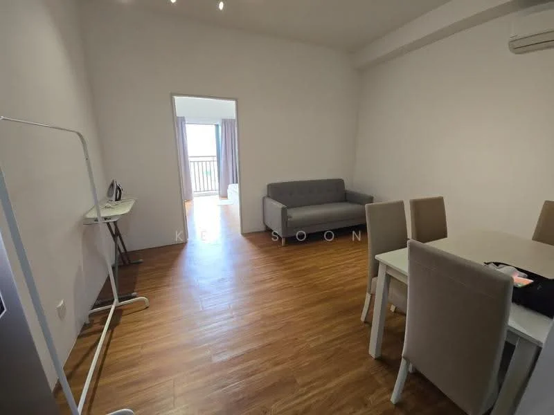 Living features: laminate flooring, white painted walls, 5-blade ceiling fan, sofa in grey, dining table with 4 upholstered chairs, floor-to-ceiling windows, curtains, air conditioning unit; style: modern; view: city.