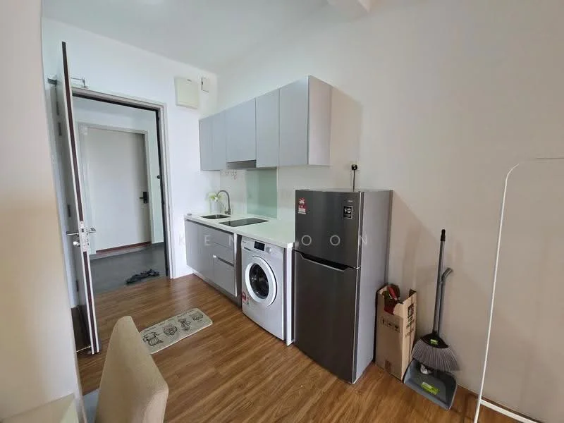 Kitchen features: grey flat-panel cabinets, white countertop, single-bowl stainless-steel sink, chrome pull-down faucet, built-in oven, freestanding washing machine, stainless-steel fridge, wood laminate flooring, white painted walls, recessed downlights; style: modern. Room features: doorway leading to hallway, carpeted flooring, white painted walls.