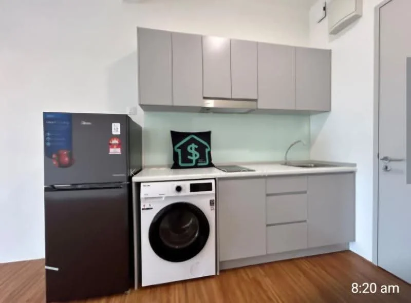 Kitchen features: grey flat-panel cabinets, stainless-steel sink, chrome pull-down faucet, built-in oven, freestanding fridge, front-load washing machine, white countertop, wood laminate flooring, recessed downlights, wall-mounted extractor hood; style: modern.