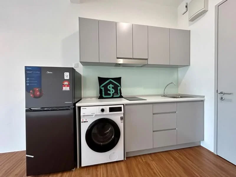 Kitchen features: grey flat-panel cabinets, stainless-steel sink, chrome pull-down faucet, built-in stove with hood, black countertop, fridge, front-load washing machine, wood laminate flooring, white painted walls, wall-mounted cabinet, open shelving; style: modern.
