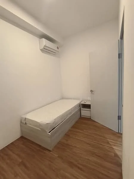 Bedroom features: single bed, wooden flooring, white painted walls, 1 wall-mounted split AC, built-in wardrobe, window with no visible treatment, light switch, door with handle.
