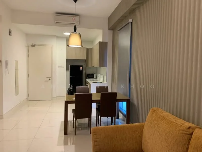 Living features: cream painted walls, white tiled flooring, recessed downlights, pendant lamp, brown fabric sofa, dining table with four chairs, kitchenette with cabinets, built-in microwave, stainless-steel fridge, kitchen countertop, window with sheer curtains, air conditioning unit; style: modern.