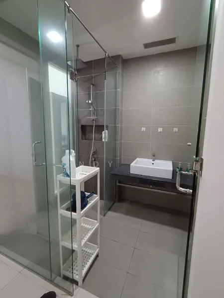 Bathroom features: glass shower enclosure, rain shower head, handheld shower, single-bowl sink, chrome basin mixer, grey tiled walls, grey tiled flooring, wall-mounted mirror, open shelving unit, recessed ceiling lights; style: modern.