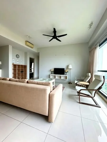 Living features: 3-seater fabric sofa in beige, coffee table, wall-mounted TV, TV console, area rug, ceiling fan, floor-to-ceiling windows, curtains, white painted walls, polished tile flooring, light fixtures, decorative lamp; style: modern; view: sea.