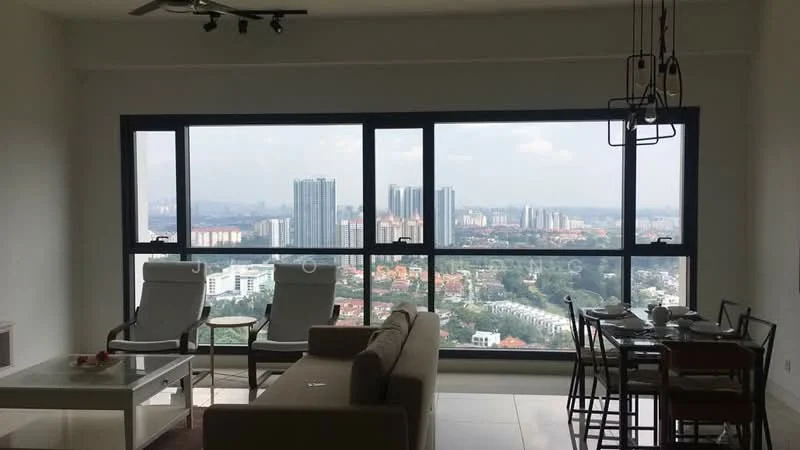 Living features: floor-to-ceiling windows, city view, 3-seater fabric sofa in beige, coffee table, dining table for 4, upholstered dining chairs, recessed downlights, light fixture with pendant lamps, neutral painted walls, tile flooring; style: modern; view: city.