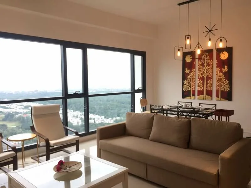 Living features: 3-seater fabric sofa in beige, glass coffee table, dining table with chairs, pendant lighting with multiple bulbs, floor-to-ceiling windows, city view, decorative wall art, wooden dining chairs, recessed ceiling lights, light-colored flooring; style: modern; view: city.