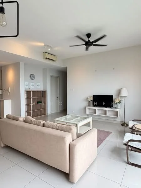 Living features: 3-seater fabric sofa in beige, glass coffee table, wall-mounted TV, TV console, area rug with geometric pattern, floor-to-ceiling windows, 5-blade ceiling fan, recessed downlights, cream painted walls, white tiled flooring, decorative floor lamp, open shelving unit, air conditioning unit; style: modern.