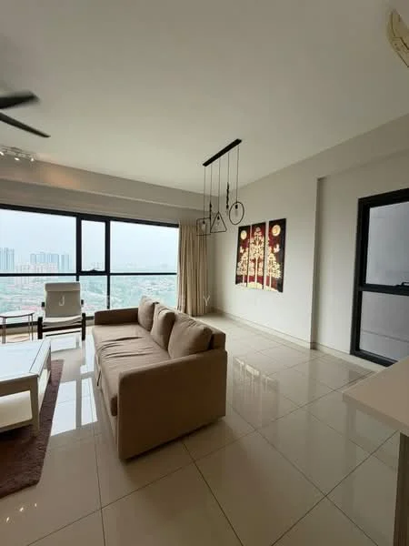 Living features: 3-seater fabric sofa in beige, coffee table, area rug, floor-to-ceiling windows, curtains, pendant lighting, wall art, polished tile flooring, ceiling fan with light; style: modern; view: city.