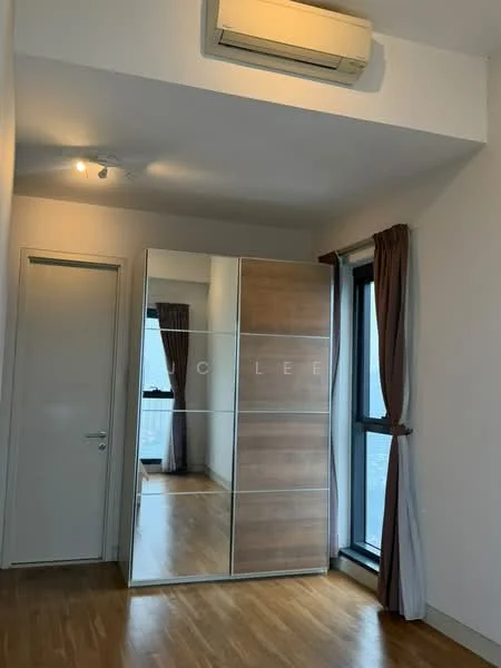 Bedroom features: wooden flooring, floor-to-ceiling window, curtains in brown, built-in wardrobe with mirrored doors, 1 wall-mounted split AC, recessed ceiling lights, neutral wall color, corner view; style: modern; view: city.