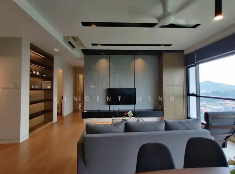 Living features: grey fabric sofa, coffee table, wall-mounted TV, built-in cabinetry, wooden flooring, recessed ceiling lights, ceiling fan, large windows with city view, decorative wall paneling, shelves with decorative items; style: modern; view: city.
