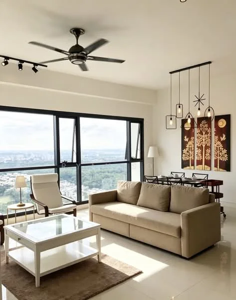 Living features: 3-seater fabric sofa in beige, glass coffee table, area rug with neutral color, floor-to-ceiling windows, city view, ceiling fan with light, pendant lighting, decorative wall art, dining table with chairs; style: modern; view: city.
