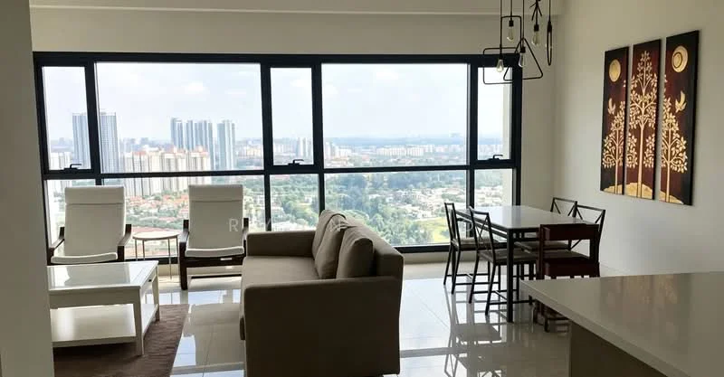 Living features: floor-to-ceiling windows, city skyline view, 3-seater fabric sofa in beige, 2 armchairs in white, coffee table, area rug, dining table for 4, decorative wall art, recessed downlights, marble flooring; style: modern.