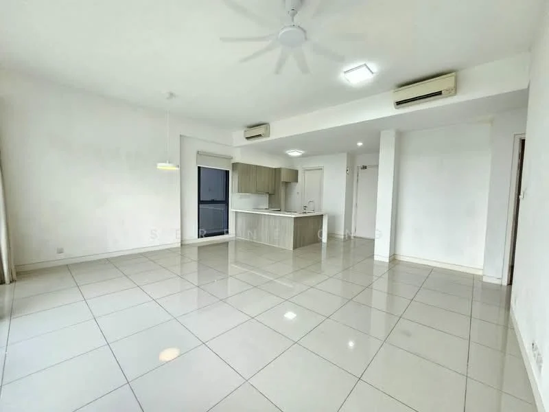 Living features: white painted walls, glossy ceramic tile flooring, recessed downlights, 5-blade ceiling fan, floor-to-ceiling window, sliding glass door, air conditioning unit, open-plan layout with kitchen, neutral color scheme, natural light from window; style: modern. Kitchen features: white cabinetry, kitchen island, stainless-steel sink, built-in oven, freestanding range oven, microwave, ceramic tile backsplash, open shelving, recessed downlights; style: modern.