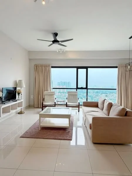 Living features: 3-seater fabric sofa in beige, coffee table, TV console, wall-mounted TV, area rug with geometric pattern, 5-blade ceiling fan with light, floor-to-ceiling windows, curtains, light-colored walls, polished tile flooring; style: modern; view: city.