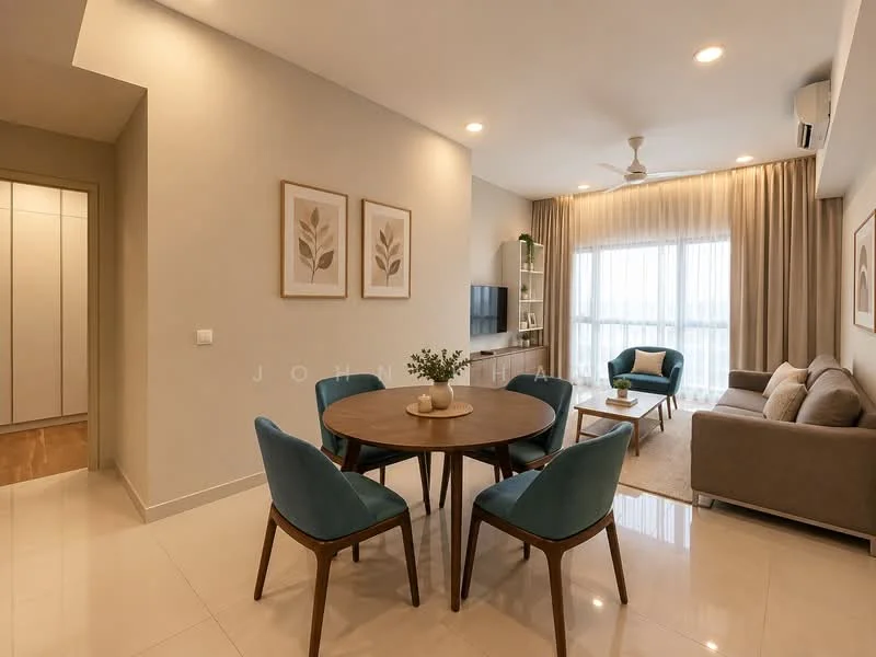 Living features: light grey fabric sofa, 3-seater sofa, round wooden dining table, 4 upholstered dining chairs in blue, flat-screen TV on wall-mounted console, decorative wall art with botanical prints, floor-to-ceiling windows with sheer curtains, recessed ceiling lights, cream painted walls, glossy tile flooring, ceiling fan, area rug with neutral tones; style: modern; view: city. Room features: built-in wardrobe with sliding doors.