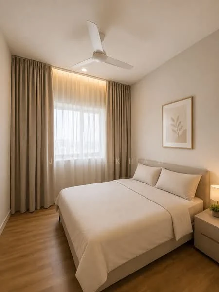 Bedroom features: queen-size bed, upholstered headboard, bedside lamp, floor-to-ceiling window, sheer curtains, light brown wooden flooring, decorative wall art, recessed downlights, 5-blade ceiling fan; style: modern.