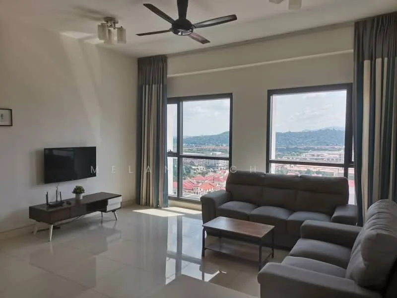 Living features: 3-seater fabric sofa in grey, coffee table, wall-mounted TV, TV console, floor-to-ceiling windows, sheer curtains, ceiling fan, marble tile flooring, decorative wall art, area rug; style: modern; view: city.