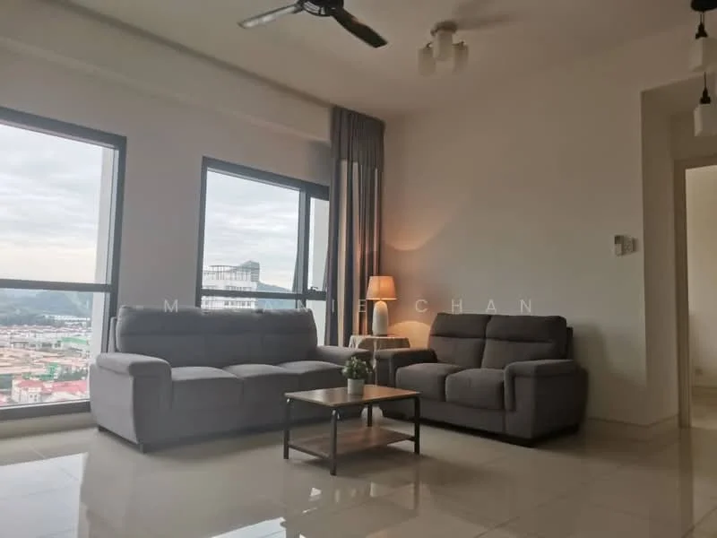 Living features: 2-seater fabric sofa in grey, 3-seater fabric sofa in grey, coffee table, floor-to-ceiling windows, city view, recessed downlights, ceiling fan, light grey walls, glossy tile flooring, curtains, decorative plant; style: modern; view: city.