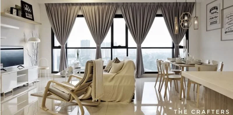 Living features: floor-to-ceiling windows, grey sheer curtains, light-coloured sofa with throw blanket, wooden rocking chair, white TV console, wall-mounted TV, decorative wall art, pendant lighting, marble tile flooring, dining table with chairs, decorative plants, open layout, neutral colour palette; style: modern; view: city.