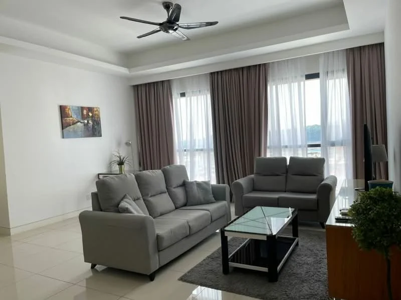 Living features: 3-seater fabric sofa in grey, 2-seater fabric sofa in grey, glass coffee table, area rug in grey, floor-to-ceiling windows, sheer curtains, blackout curtains, ceiling fan with light, wall-mounted TV, decorative plant in ceramic pot, wooden side table; style: modern; view: city.